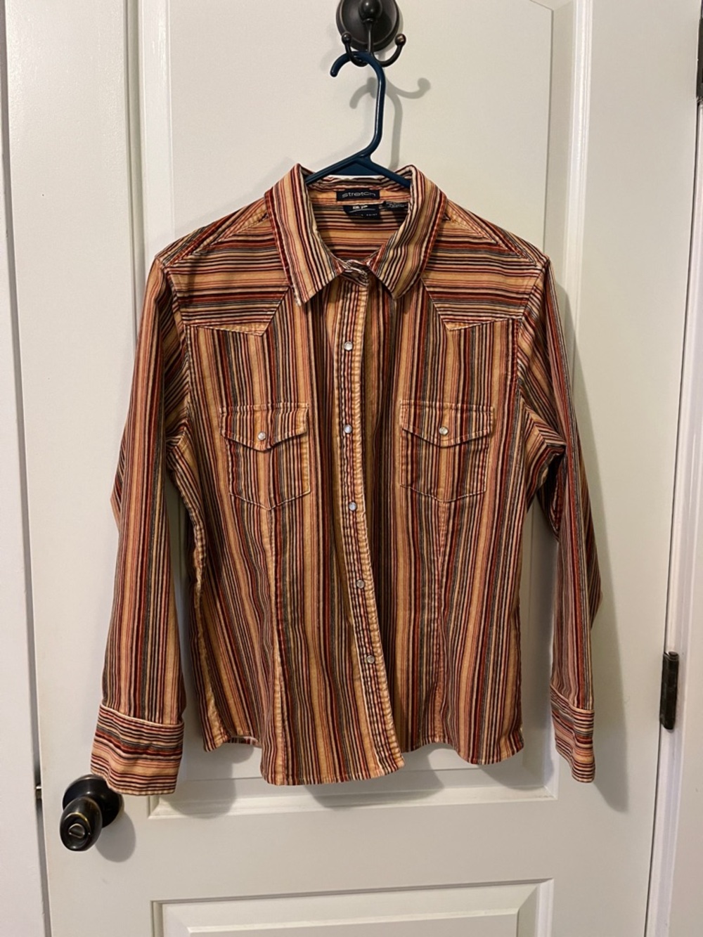 Striped Corduroy Pearly Snap Shirt in Rust Multi-Stripe… stretchy and comfy!